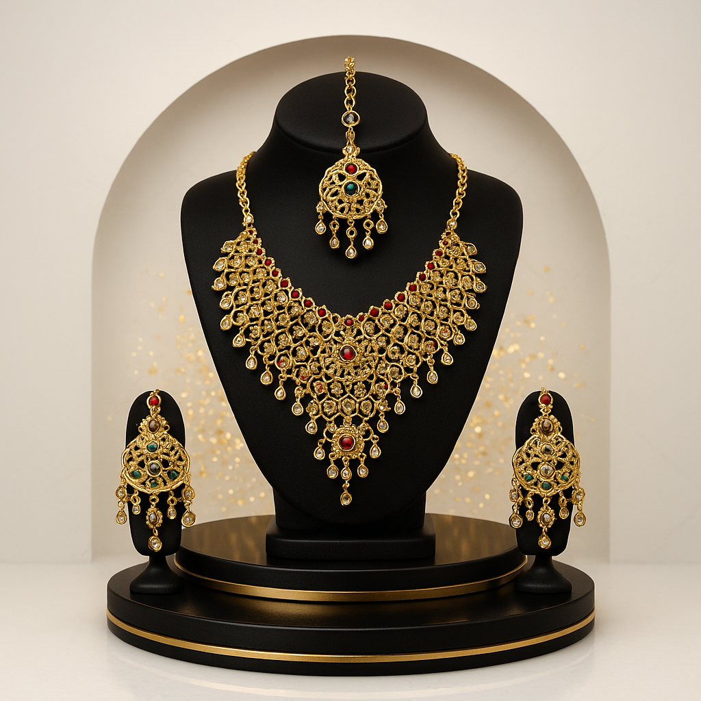Gold-Plated Traditional Jewelry Set – Elegant Jhumkay & Maang Tikka Included