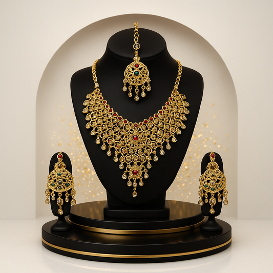 Gold-Plated Traditional Jewelry Set – Elegant Jhumkay & Maang Tikka Included