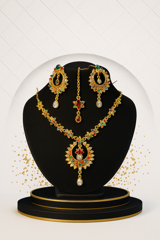 Festival-Perfect Jewelry Set – Lightweight Jhumkay with Delicate Tikka & Necklace