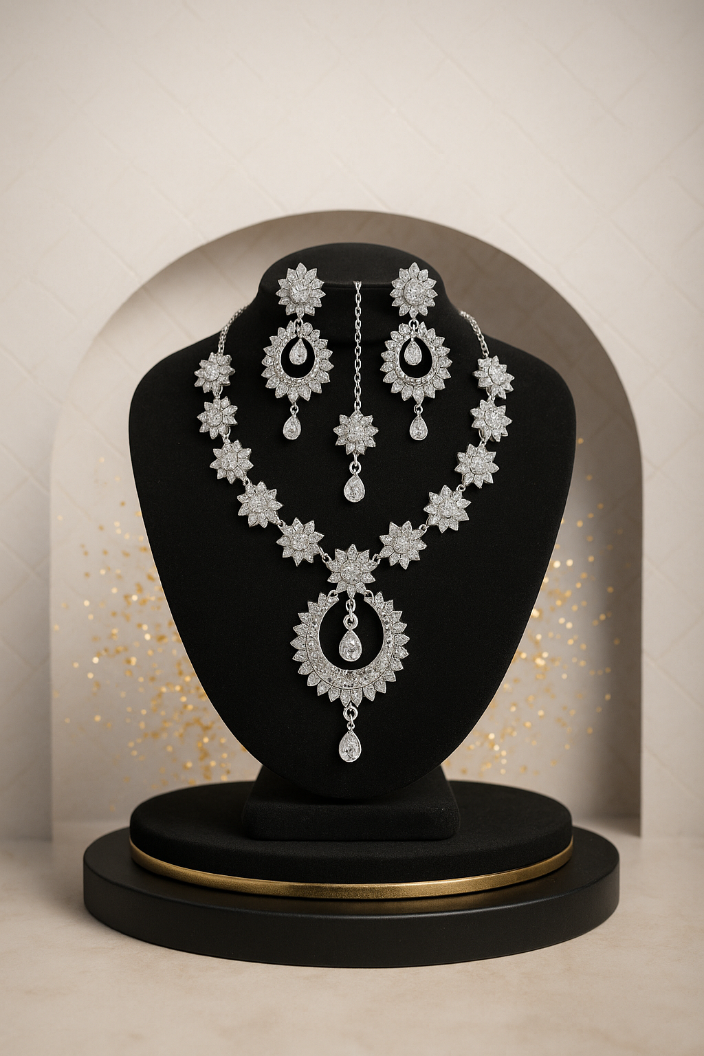 Graceful Indian Jewelry Set with Jhumkay – Necklace, Earrings & Tikka Combo