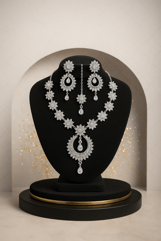 Graceful Indian Jewelry Set with Jhumkay – Necklace, Earrings & Tikka Combo